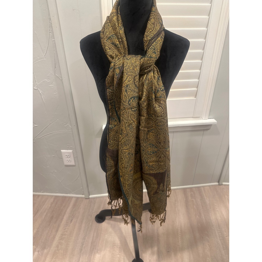 Paisley Print Scarf Shawl Wrap Fringed Gold Teal Brown winter Elegant Accessory